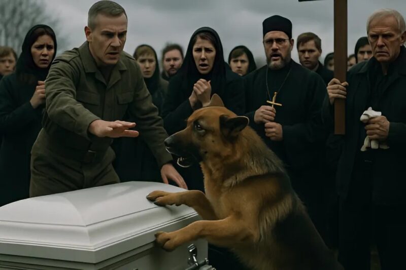 The dog jumped on the coffin, a dull thud echoed, freezing the crowd and shaking the funeral