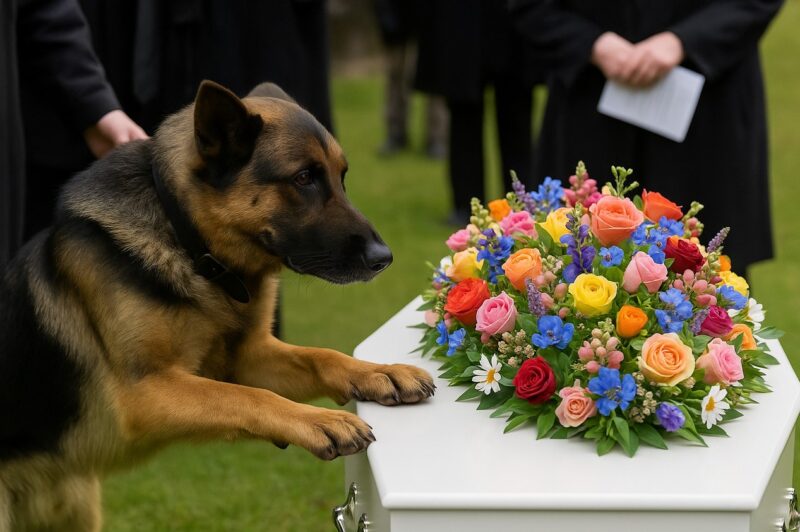 The dog jumped on the coffin, a dull thud echoed, freezing the crowd and shaking the funeral
