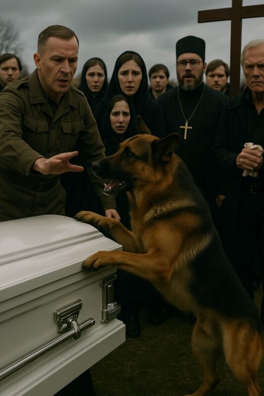 The dog jumped on the coffin, a dull thud echoed, freezing the crowd and shaking the funeral