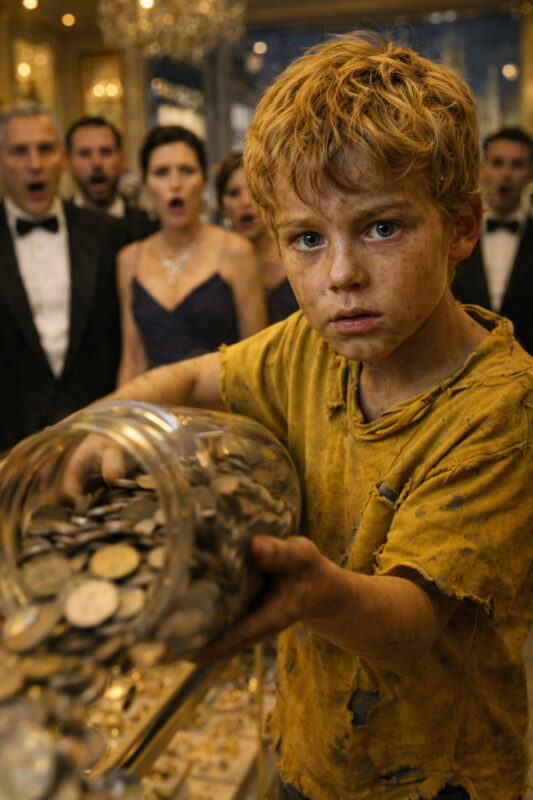 Security was just seconds away from throwing out a ragged 12-year-old boy… until he overturned a jar of coins onto the counter and froze the entire store in total silence