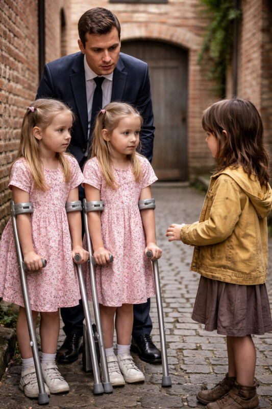 One day, a wealthy businessman jokingly said something surprising to a homeless little girl: “If you manage to help my twin daughters walk again… I’ll adopt you”