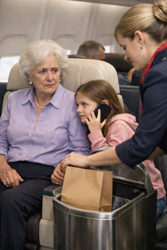 The flight attendant snatched my insulated bag out of my hands — I am seventy-three years old — before throwing my meal in the trash, in first class, under the silent gaze of my granddaughter