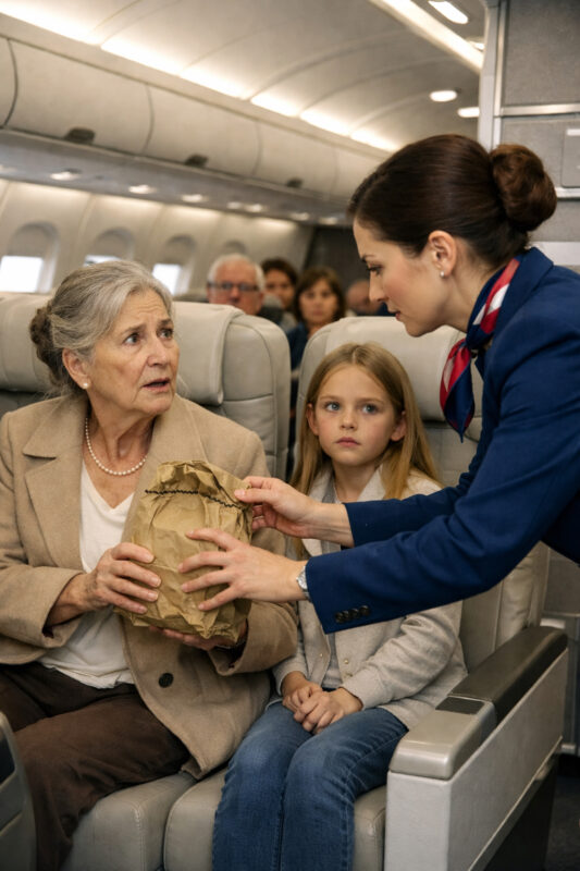 The flight attendant snatched my insulated bag out of my hands — I am seventy-three years old — before throwing my meal in the trash, in first class, under the silent gaze of my granddaughter
