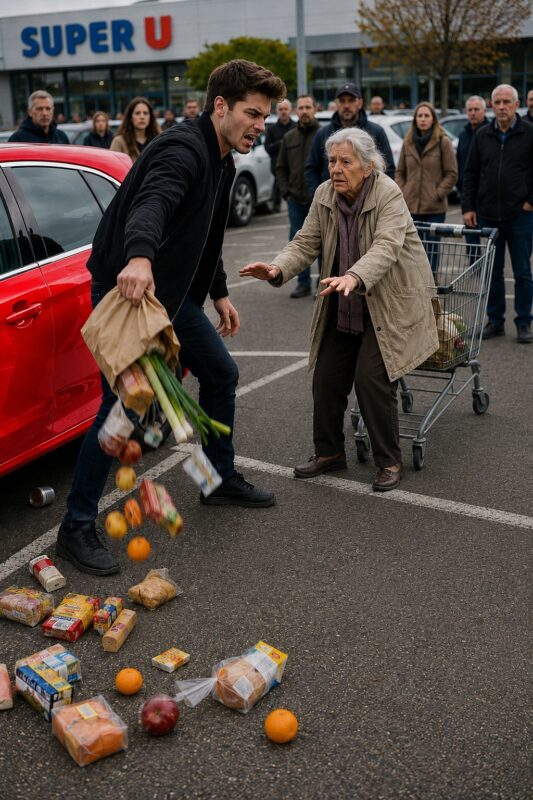 On a supermarket parking lot, an elderly woman lightly bumped a young man’s car… Furious with rage, he snatched her groceries before throwing them onto the ground, then turned on an older man who stepped in to defend her — never imagining for a second that he himself would soon be left completely shocked