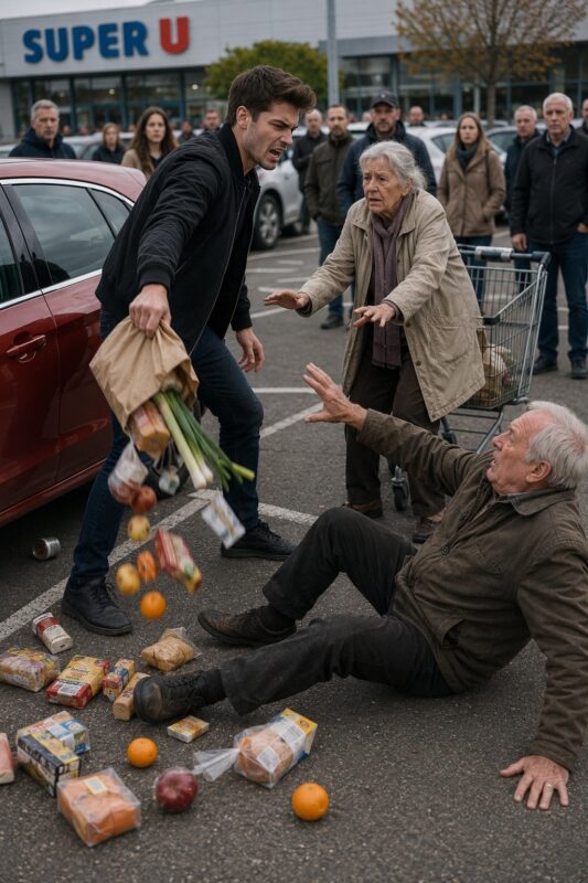 On a supermarket parking lot, an elderly woman lightly bumped a young man’s car… Furious with rage, he snatched her groceries before throwing them onto the ground, then turned on an older man who stepped in to defend her — never imagining for a second that he himself would soon be left completely shocked