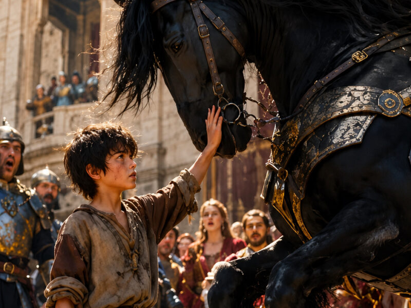 “Step back immediately!” the young boy shouted with a trembling voice as the enormous black horse reared up in front of him: “Don’t hurt him… he’s terrified!” The entire royal court froze…