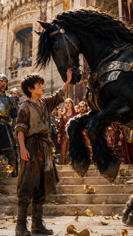 “Step back immediately!” the young boy shouted with a trembling voice as the enormous black horse reared up in front of him: “Don’t hurt him… he’s terrified!” The entire royal court froze…