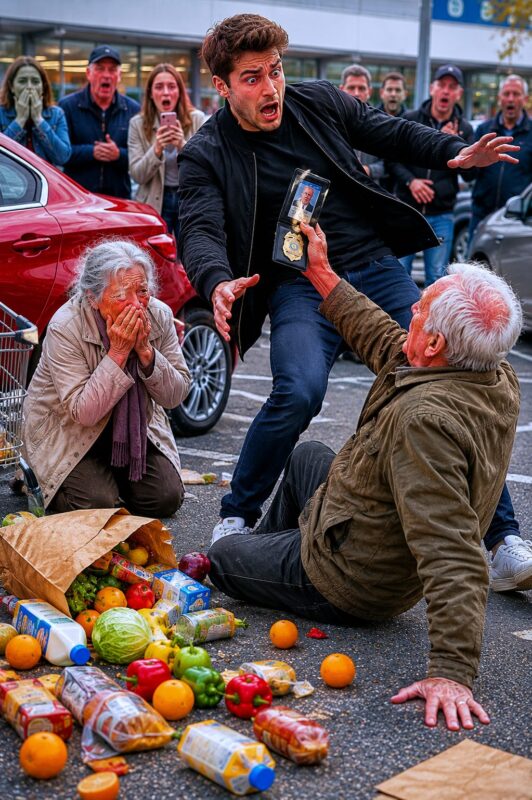 On a supermarket parking lot, an elderly woman lightly bumped a young man’s car… Furious with rage, he snatched her groceries before throwing them onto the ground, then turned on an older man who stepped in to defend her — never imagining for a second that he himself would soon be left completely shocked