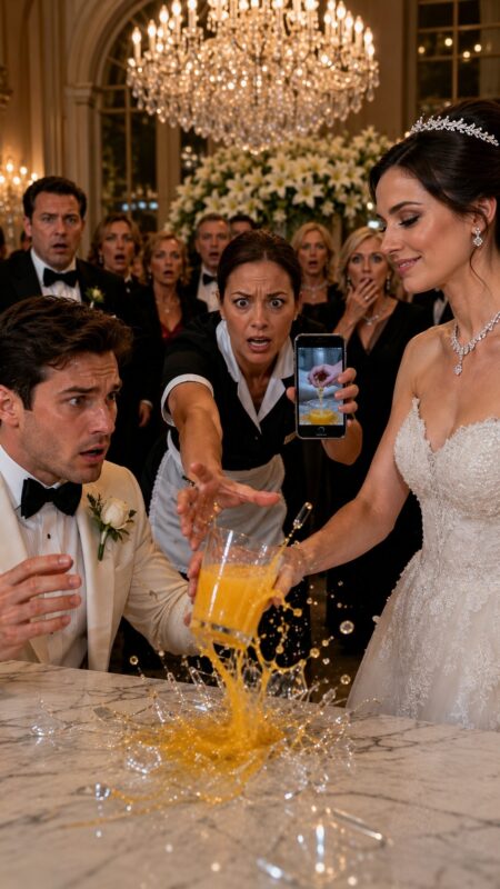 She slipped a tablet into the groom's glass of orange juice on their wedding day, smiling as though she had already won. No one noticed... until the housekeeper rushed forward and knocked the glass onto the floor