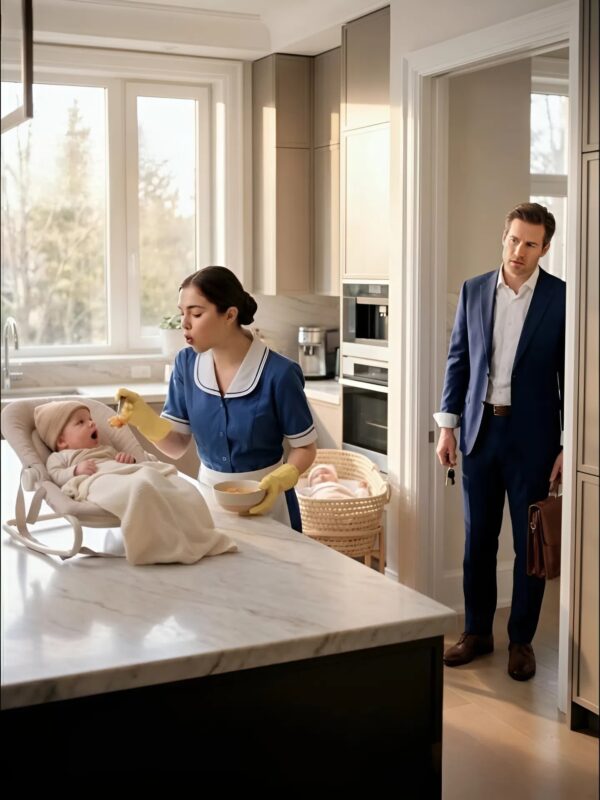 The billionaire returned home just before sunrise... and froze in shock when he saw the new housekeeper feeding his newborn twin sons in the kitchen; what happened next completely shattered him...