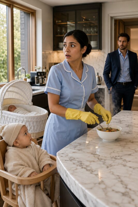 The billionaire returned home just before sunrise... and froze in shock when he saw the new housekeeper feeding his newborn twin sons in the kitchen; what happened next completely shattered him...
