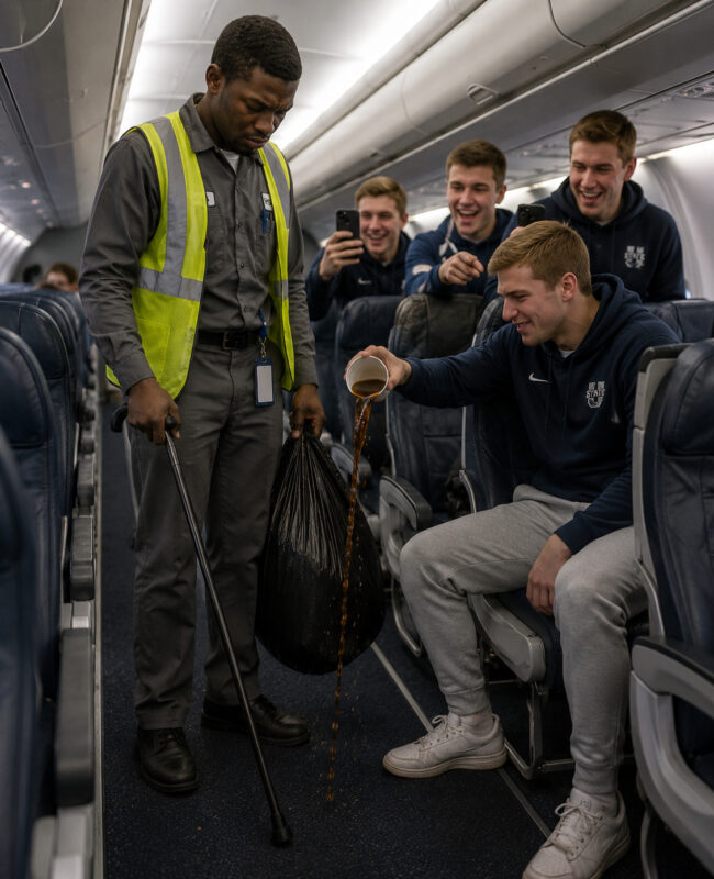 A young black disabled janitor quietly cleaned an airplane… until a college athlete humiliated him in front of everyone, not knowing who he really was