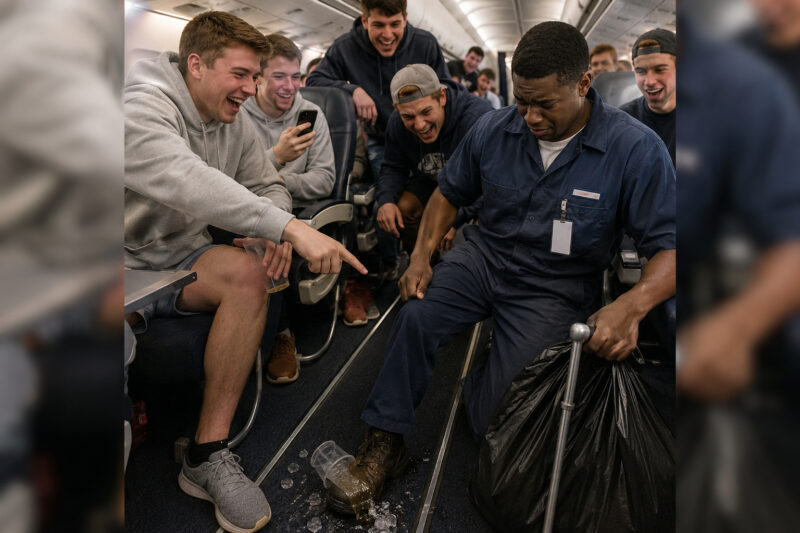 A young black disabled janitor quietly cleaned an airplane… until a college athlete humiliated him in front of everyone, not knowing who he really was
