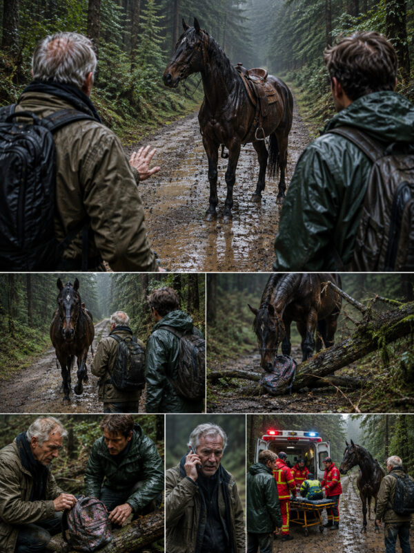 A couple of photographers spot a strangely behaving horse in the middle of a forest. The animal stubbornly refuses to let them leave. When they finally understand what it is trying to show them, they immediately call for help...