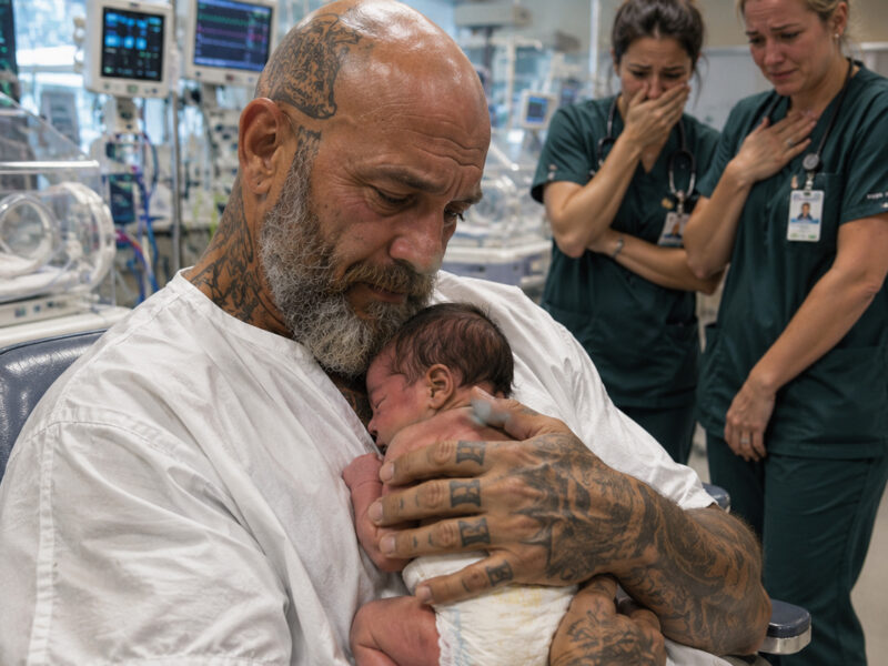 The entire neonatal unit fell silent when the tattooed biker asked to hold the baby whom no one had come to visit for days. A few hours later, a nurse noticed his wrist…