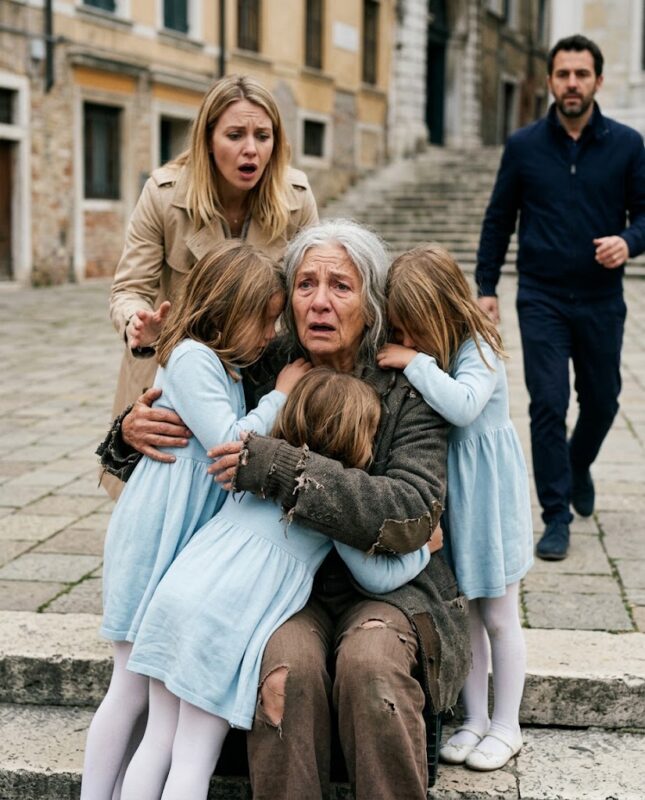 Three little girls ran across the square and threw their arms around a stranger, dressed in rags and sitting alone on the steps in the cold… and a single sentence brought their mother to tears