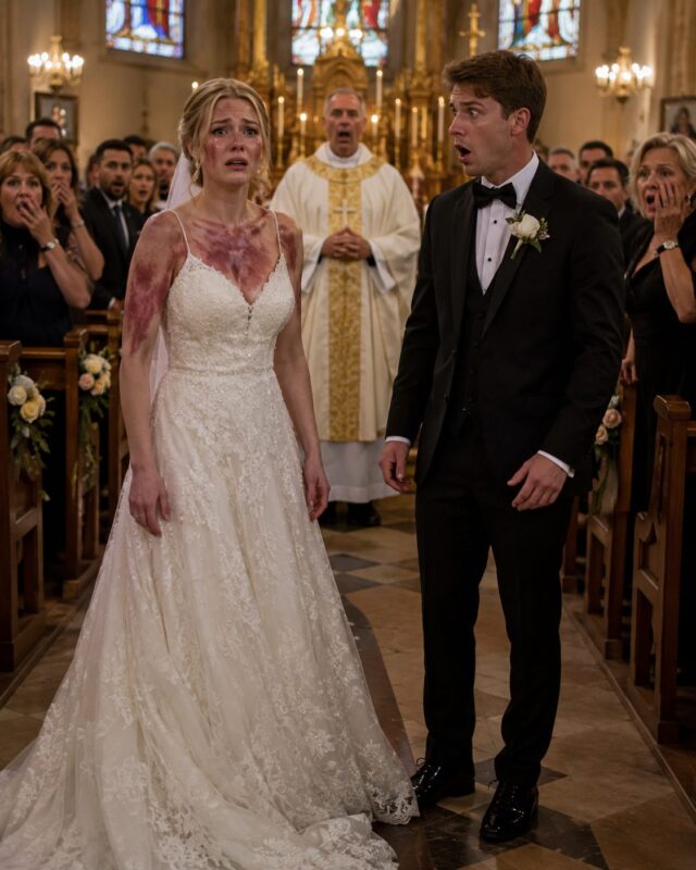 At the altar, she takes off her wedding dress and reveals the evidence that will destroy her husband in front of all the guests