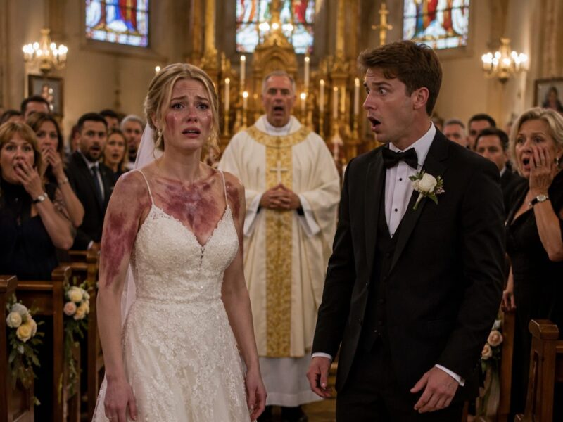 At the altar, she takes off her wedding dress and reveals the evidence that will destroy her husband in front of all the guests