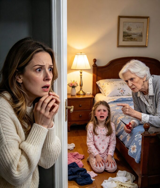 Élodie quietly opened the door and discovered her seven-year-old daughter kneeling beside her sick mother-in-law’s bed, holding a pair of scissors…