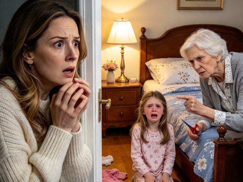 Élodie quietly opened the door and discovered her seven-year-old daughter kneeling beside her sick mother-in-law’s bed, holding a pair of scissors…