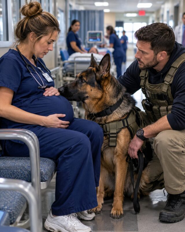 “May I sit here?” The navy seal asked the pregnant nurse—but his dog suddenly froze, revealing an unexpected danger… and the entire er fell silent