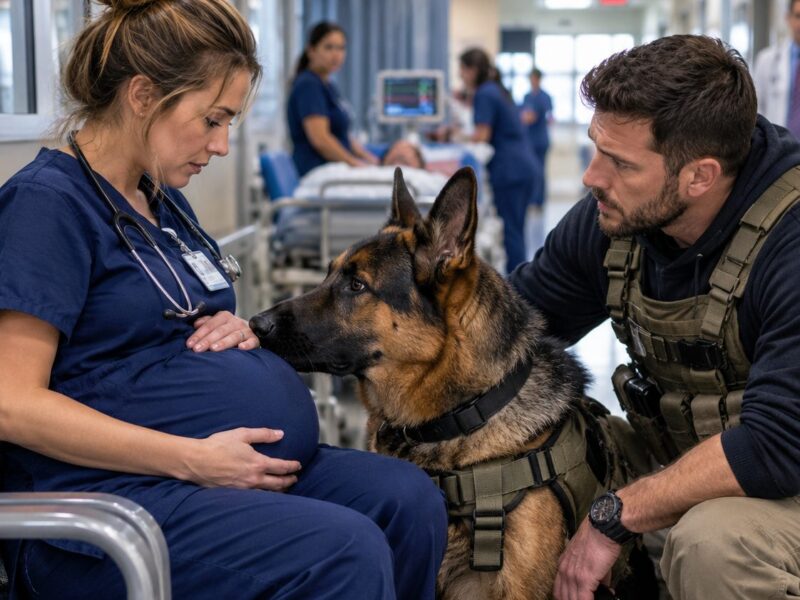 “May I sit here?” The navy seal asked the pregnant nurse—but his dog suddenly froze, revealing an unexpected danger… and the entire er fell silent